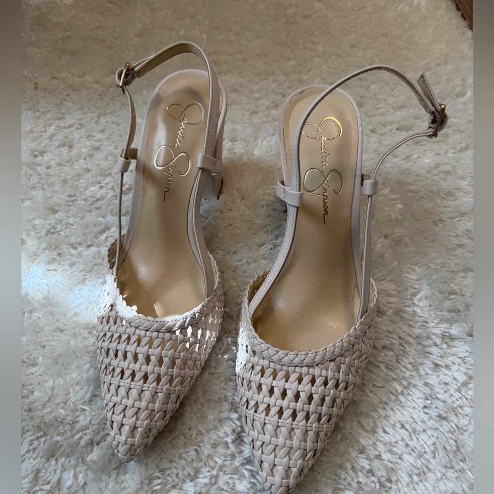 Jessica Simpson Woven Pointed Toe Slingback Pumps in Cream